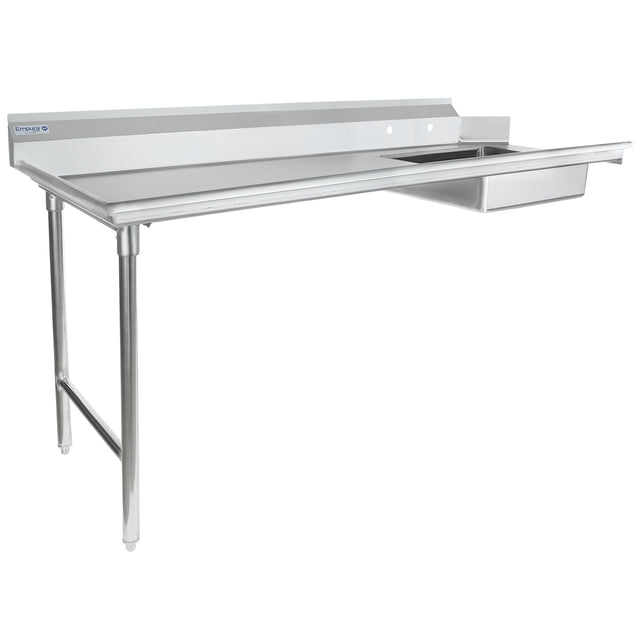 A commercial stainless steel table with a smooth stainless steel worktop, two sturdy legs, a raised backsplash along the rear edge, and an integrated right-side pre-rinse bowl. Durable design makes it ideal as a soiled dishtable for food service or industrial use.