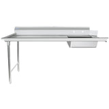 A stainless steel soiled dishtable with a commercial worktop, an attached backsplash, a right-side pre-rinse bowl, and two sturdy legs on the left. The angled lip aids dish scraping, while the lower front edge ensures efficient water drainage.