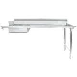 A 72 inch stainless steel worktop commercial kitchen table with an integrated sink on the left, backsplash along the back edge, and two sturdy metal legs on the right; this soiled dishtable features a smooth, industrial-style surface.
