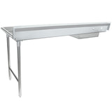 A 72 inch stainless steel worktop commercial countertop with an integrated shallow sink on the right side. It features sturdy tubular legs, a rear backsplash, and a flat, clean surface—ideal as a soiled dishtable for kitchen or industrial use.