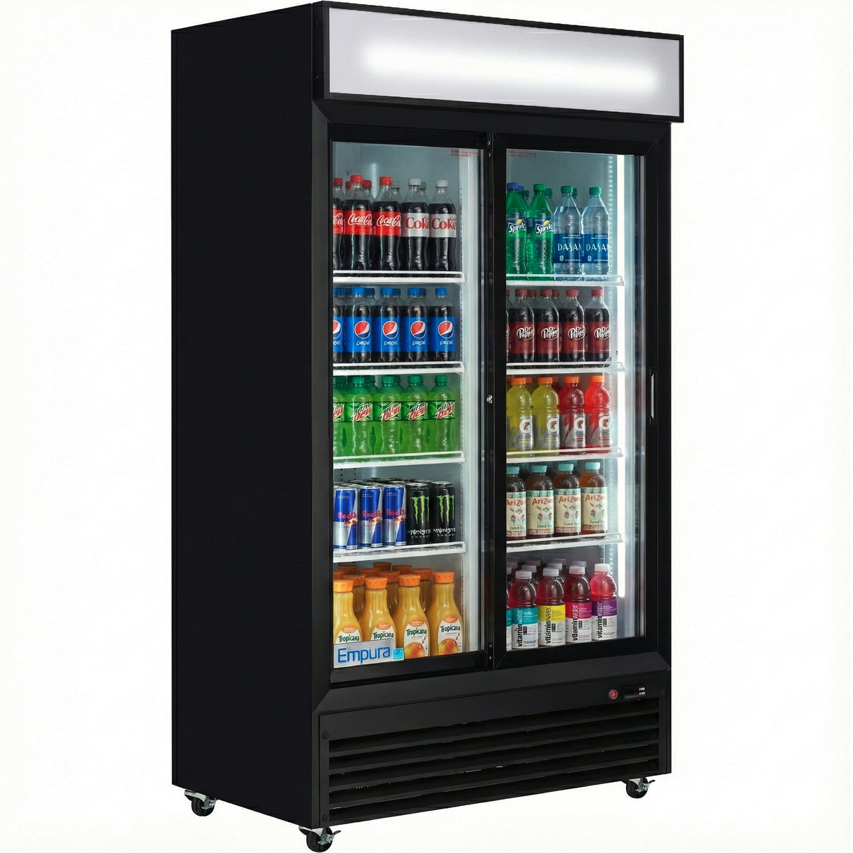 A commercial refrigerated merchandiser with black glass sliding doors, stocked with Coke, Pepsi, Sprite, Mountain Dew, Red Bull, Monster, Gatorade, and Snapple. This fridge features two sliding doors and sits on wheels for easy mobility.