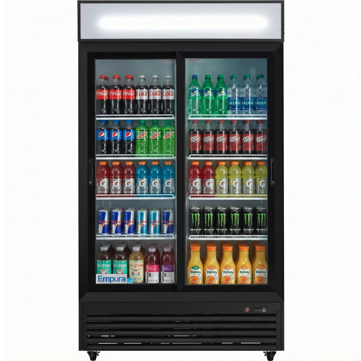 A refrigerated merchandiser with glass sliding doors is stocked with assorted drinks—sodas, bottled water, sports drinks, Monster energy drinks, and a row of orange and lemonade juice bottles. The Empura brand appears at the bottom of the door.