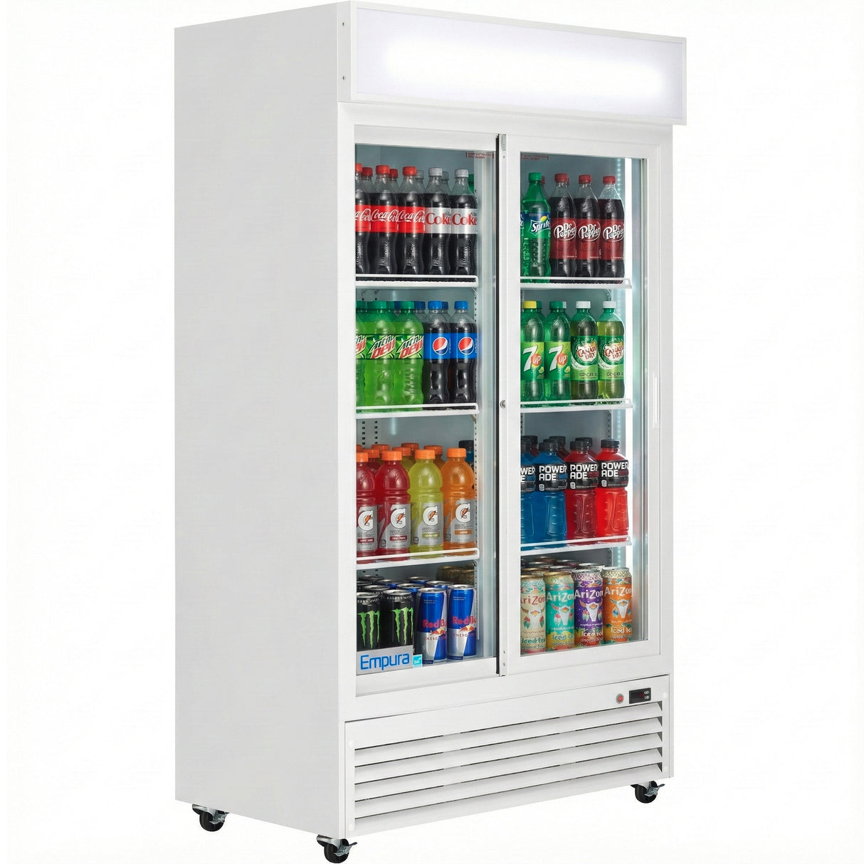 A white, glass-door commercial refrigerated merchandiser displays shelves stocked with various drinks, including sodas and energy drinks. This foodservice equipment features two sliding doors, temperature control, a blank top sign, and wheels.