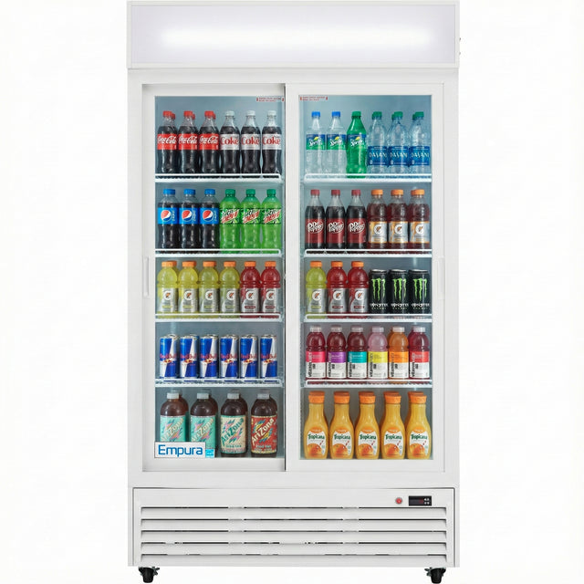 A commercial refrigerated merchandiser with a white frame and bottom vent displays assorted drinks—Coca-Cola, Pepsi, Sprite, bottled water, energy drinks, sodas, and juices—neatly organized on shelves with precise temperature control for optimal freshness.