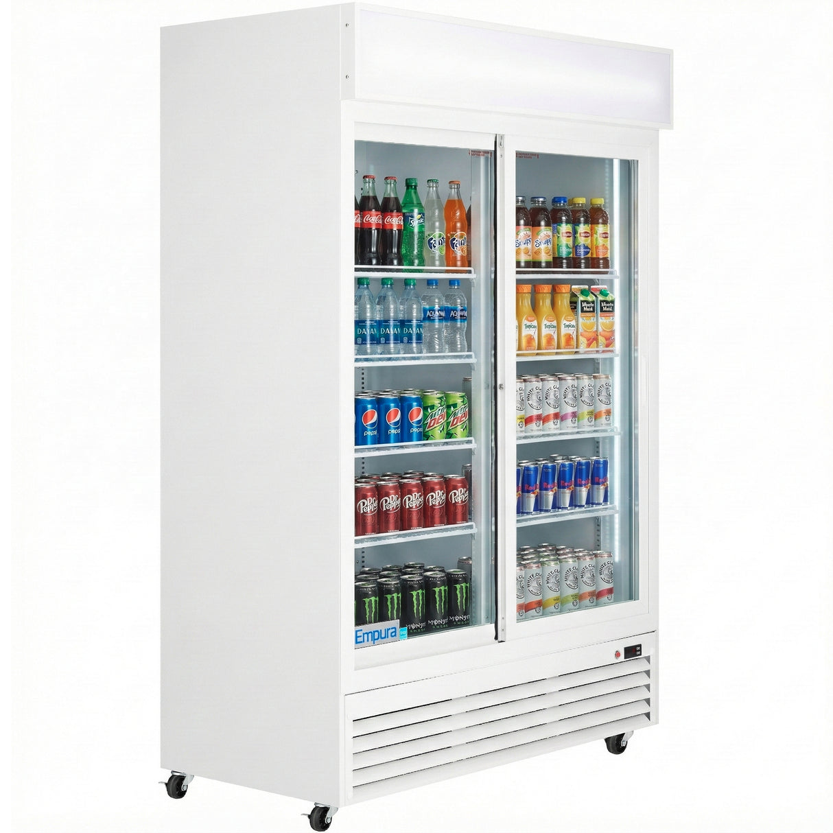 A white glass door merchandiser displays assorted bottled and canned drinks on multiple shelves, including water, soda, tea, energy drinks, and juice. This commercial refrigerated merchandiser features wheels and a lit sign panel on top.