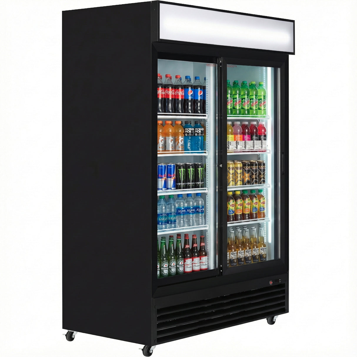 A black merchandiser refrigerator with two clear sliding doors offers illuminated refrigerated storage for assorted bottled and canned drinks, including water, sodas, juices, and energy drinks—ideal for commercial refrigeration needs.
