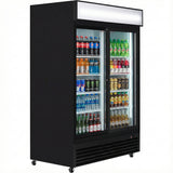 A black merchandiser refrigerator with two clear sliding doors offers illuminated refrigerated storage for assorted bottled and canned drinks, including water, sodas, juices, and energy drinks—ideal for commercial refrigeration needs.