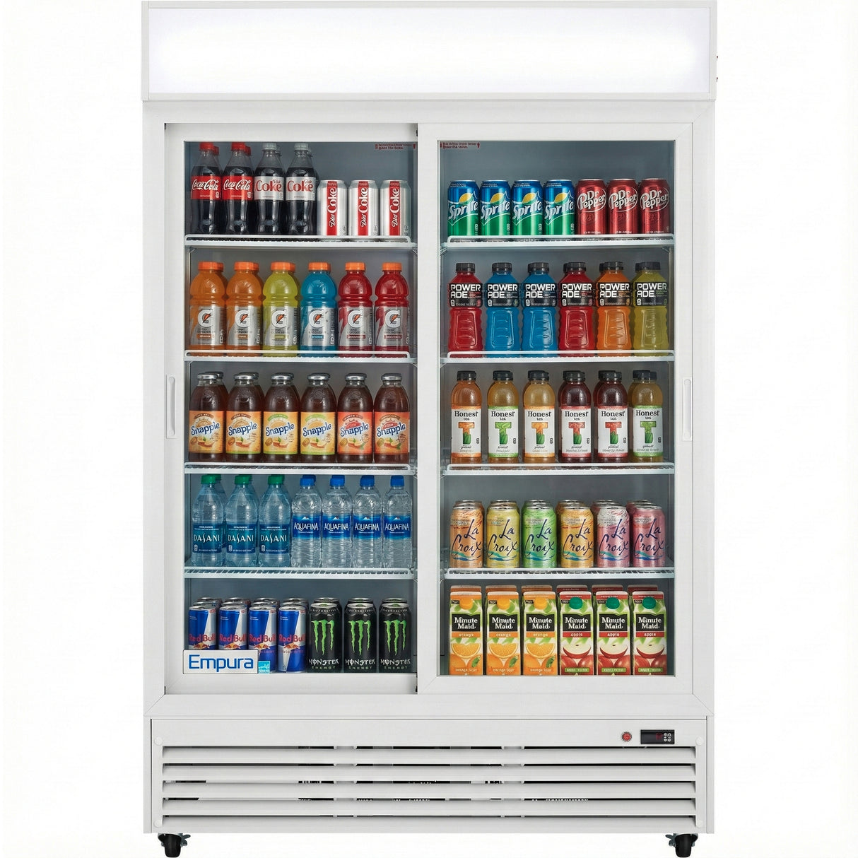 A commercial refrigerated merchandiser with glass sliding doors, stocked with assorted bottled and canned drinks including sodas, energy drinks, flavored teas, Gatorade, and water. The shelves are neatly arranged, and the fridge is clean and well-lit.