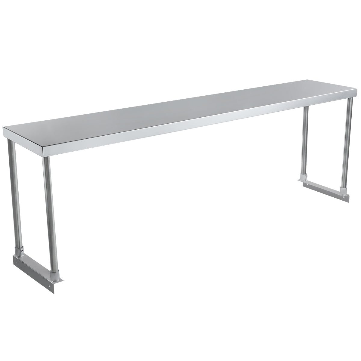 A long, rectangular stainless steel work table with four straight legs and a smooth, flat surface. The sturdy, minimalist design includes an optional table-mounted overshelf, making it ideal for kitchens, workshops, or laboratories. Background is plain white.