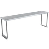 A long, rectangular stainless steel work table with four straight legs and a smooth, flat surface. The sturdy, minimalist design includes an optional table-mounted overshelf, making it ideal for kitchens, workshops, or laboratories. Background is plain white.