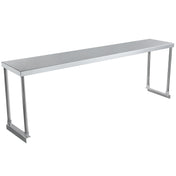 A long, rectangular stainless steel work table with four straight legs and a smooth, flat surface. The sturdy, minimalist design includes an optional table-mounted overshelf, making it ideal for kitchens, workshops, or laboratories. Background is plain white.