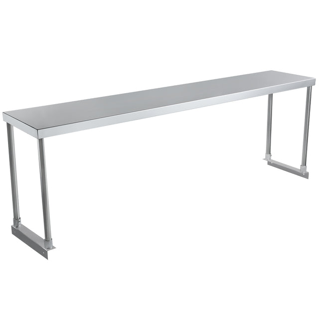 A long, rectangular stainless steel work table with four straight legs and a smooth, flat surface. The sturdy, minimalist design includes an optional table-mounted overshelf, making it ideal for kitchens, workshops, or laboratories. Background is plain white.