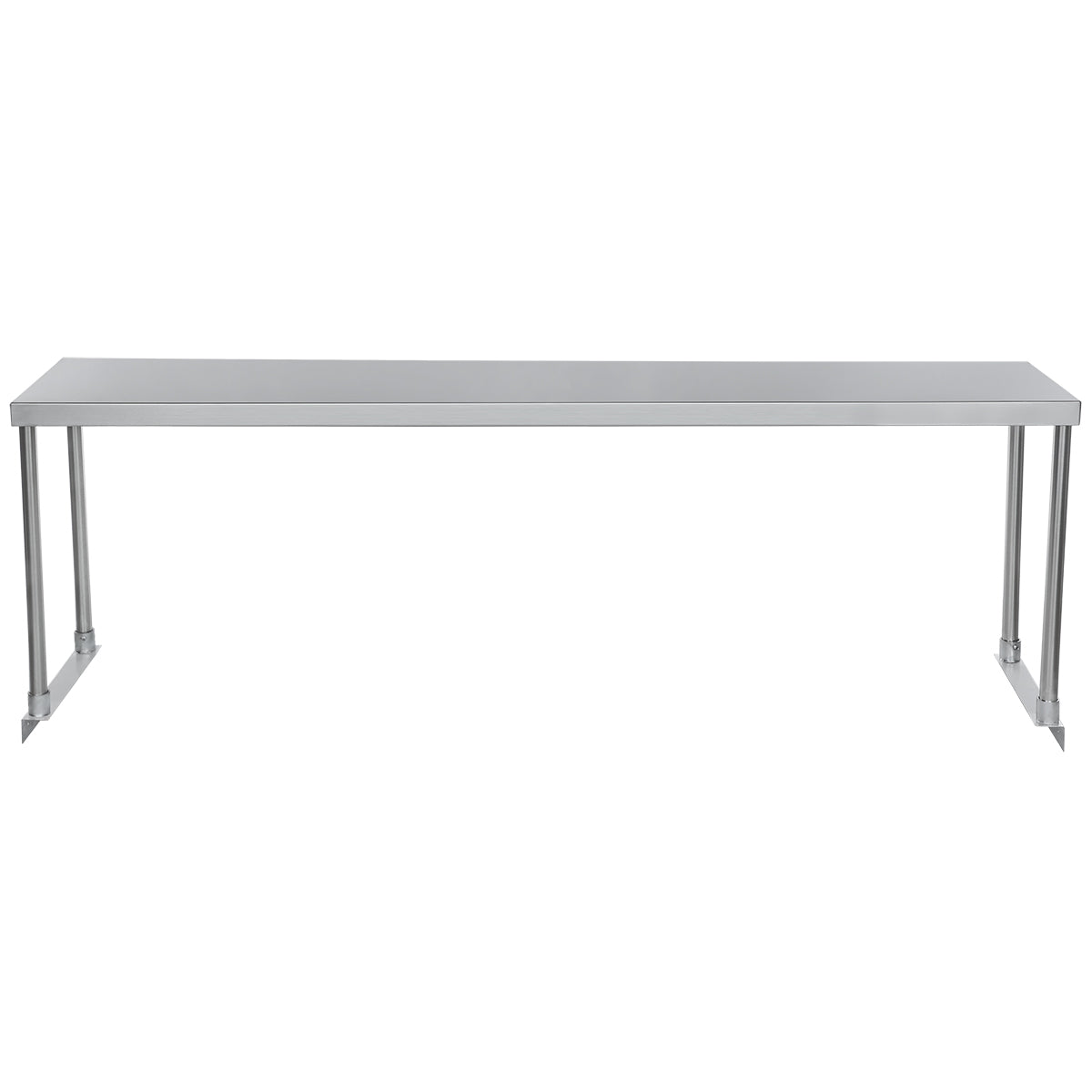 A long, rectangular stainless steel table with a flat top and four straight legs, designed in a minimalist style. This table-mounted overshelf provides extra storage while maintaining a clean, modern look on a white background.