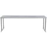 A long, rectangular stainless steel table with a flat top and four straight legs, designed in a minimalist style. This table-mounted overshelf provides extra storage while maintaining a clean, modern look on a white background.