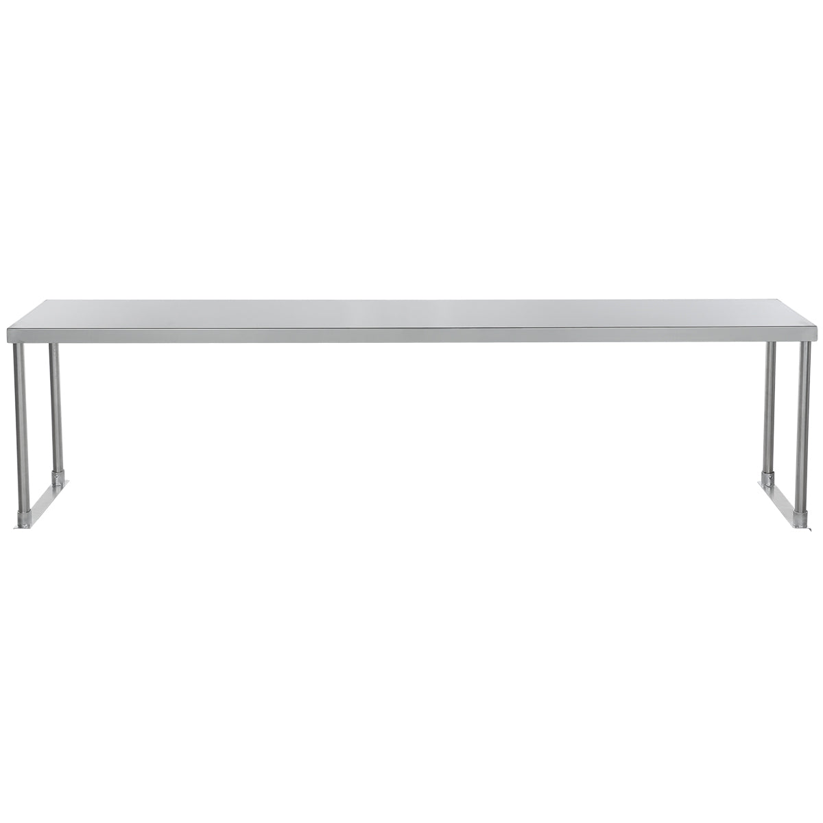 A long, rectangular, stainless steel table with a flat top and four straight legs. The table has a minimalist, industrial design and is shown against a plain white background.