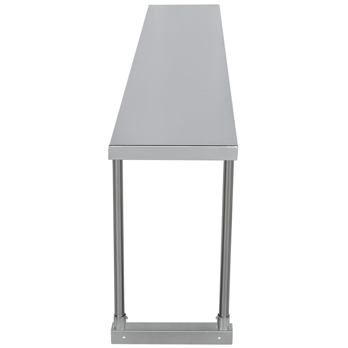 A long, narrow stainless steel table is shown from the short end, emphasizing its length. The smooth top and four cylindrical metal legs feature a sturdy table-mounted horizontal support bar. The background is plain and white.