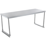 A plain, rectangular stainless steel table with a smooth, flat surface and four metal legs. The legs are connected by horizontal bars at the base for stability. The industrial design is functional, with an optional table-mounted overshelf for extra storage. Background is white.