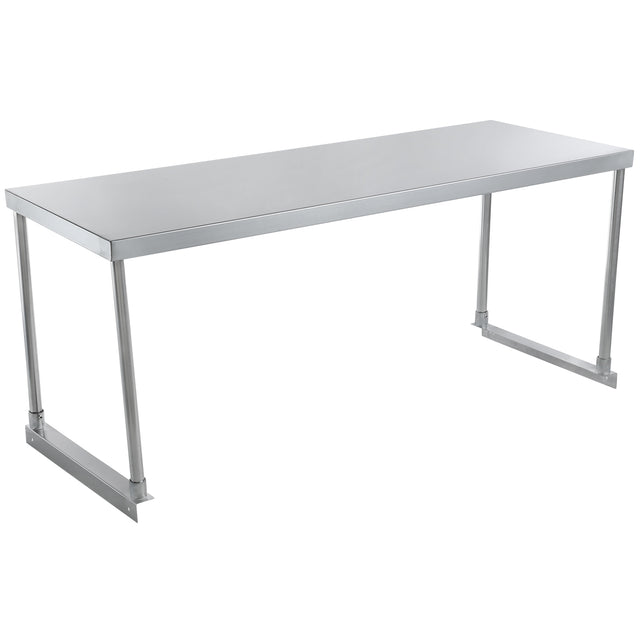 A plain, rectangular stainless steel table with a smooth, flat surface and four metal legs. The legs are connected by horizontal bars at the base for stability. The industrial design is functional, with an optional table-mounted overshelf for extra storage. Background is white.