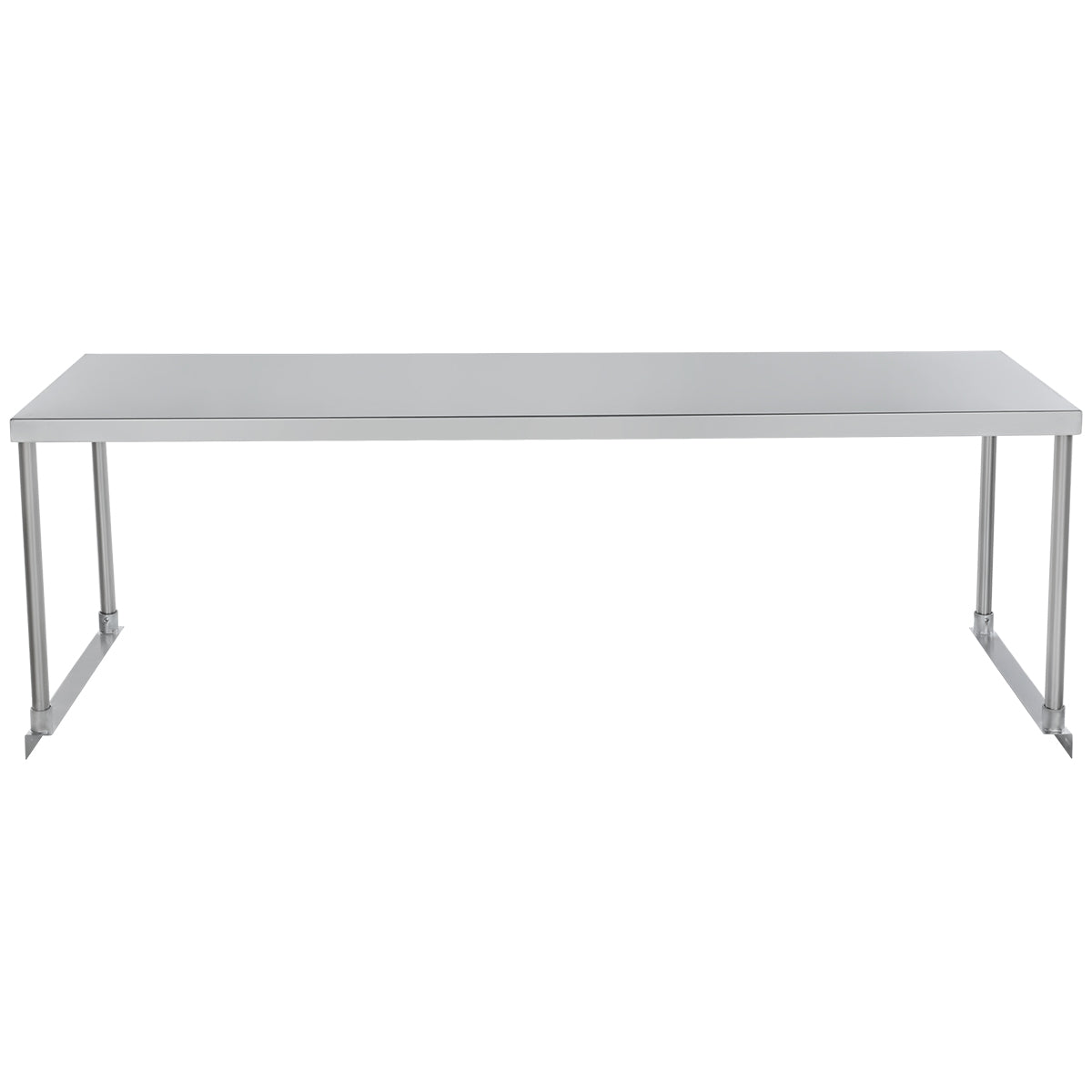 A plain, rectangular stainless steel table with a smooth, flat surface and four straight legs. The table’s silver-gray finish and minimalist, industrial design are accented by the white background that highlights its simple structure.