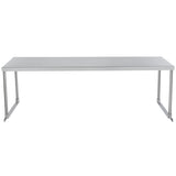 A plain, rectangular stainless steel table with a smooth, flat surface and four straight legs. The table’s silver-gray finish and minimalist, industrial design are accented by the white background that highlights its simple structure.