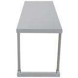 A straight-on view of a plain, rectangular stainless steel table with a smooth surface and four cylindrical legs, shown against a white background. The table has a minimalist design and appears sturdy and functional.
