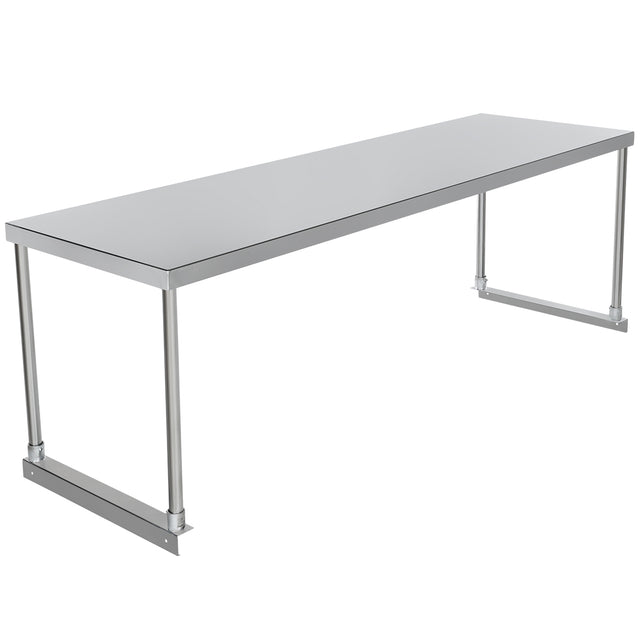 A long, rectangular stainless steel table with a smooth, flat top and four straight metal legs connected by horizontal supports near the floor. Its simple, industrial design can be enhanced with a table-mounted overshelf for added storage in kitchens or workspaces.