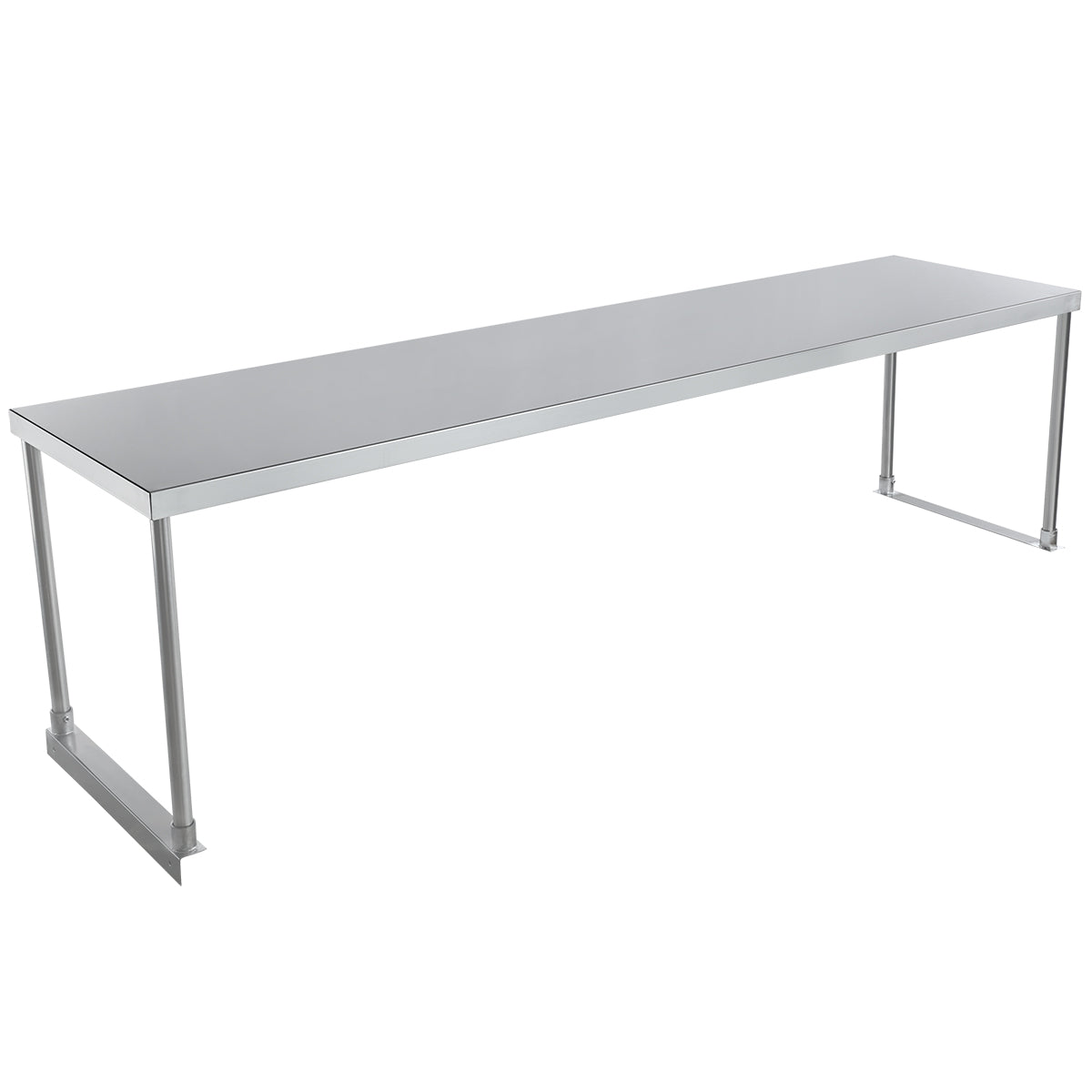 A long, rectangular stainless steel table with a flat top and four straight legs features a minimalist design and shiny surface. Suitable for industrial or commercial kitchens, it can be upgraded with a table-mounted overshelf for extra storage.