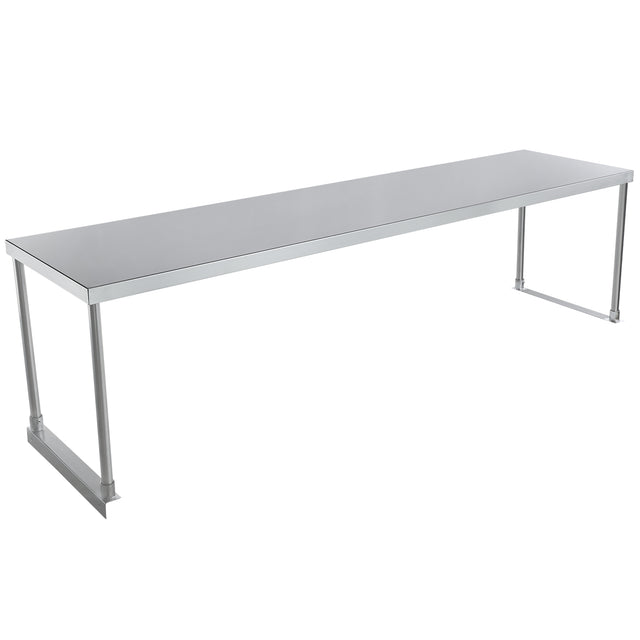 A long, rectangular stainless steel table with a flat top and four straight legs features a minimalist design and shiny surface. Suitable for industrial or commercial kitchens, it can be upgraded with a table-mounted overshelf for extra storage.
