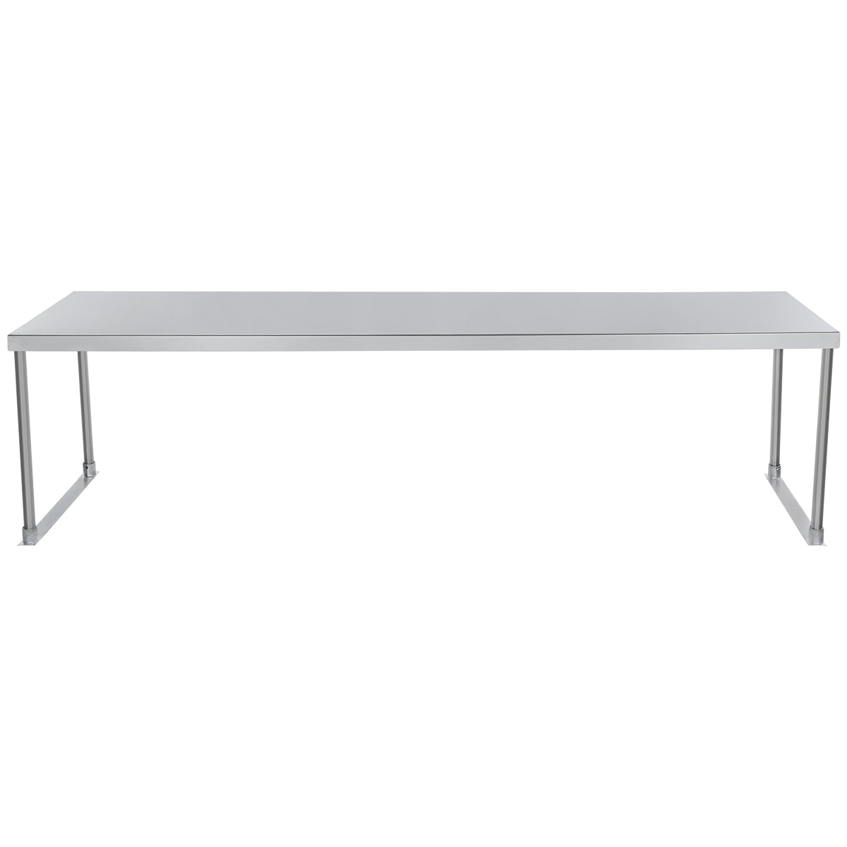 A simple, rectangular stainless steel table with a flat gray top and four straight, silver legs. The minimalist design is industrial and NSF certified, photographed against a plain white background with no additional features or decorations.