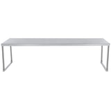 A simple, rectangular stainless steel table with a flat gray top and four straight, silver legs. The minimalist design is industrial and NSF certified, photographed against a plain white background with no additional features or decorations.