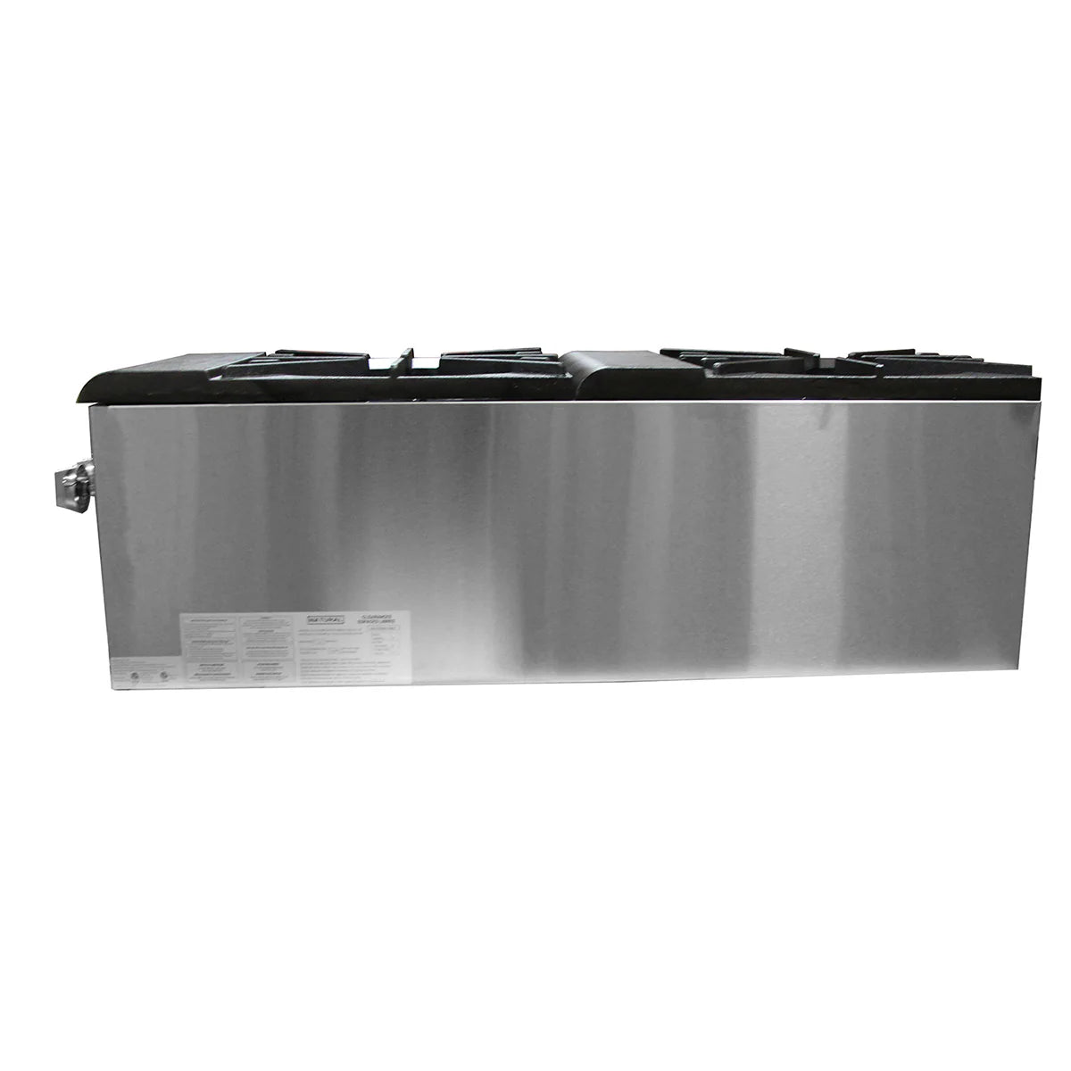 A large stainless steel commercial cooler or bottle refrigerator with three black sliding lids on top, a handle on the left side, and a front label. Ideal for cooling beverages in bars or restaurants alongside your Stock Pot Range.