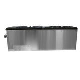 A large stainless steel commercial cooler or bottle refrigerator with three black sliding lids on top, a handle on the left side, and a front label. Ideal for cooling beverages in bars or restaurants alongside your Stock Pot Range.