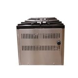 Front view of a stainless steel Stock Pot Range commercial stove with multiple black burner grates on top. The stove features vertical ventilation slots and a single black knob on the right side, ideal for countertop installation. Background is plain white.