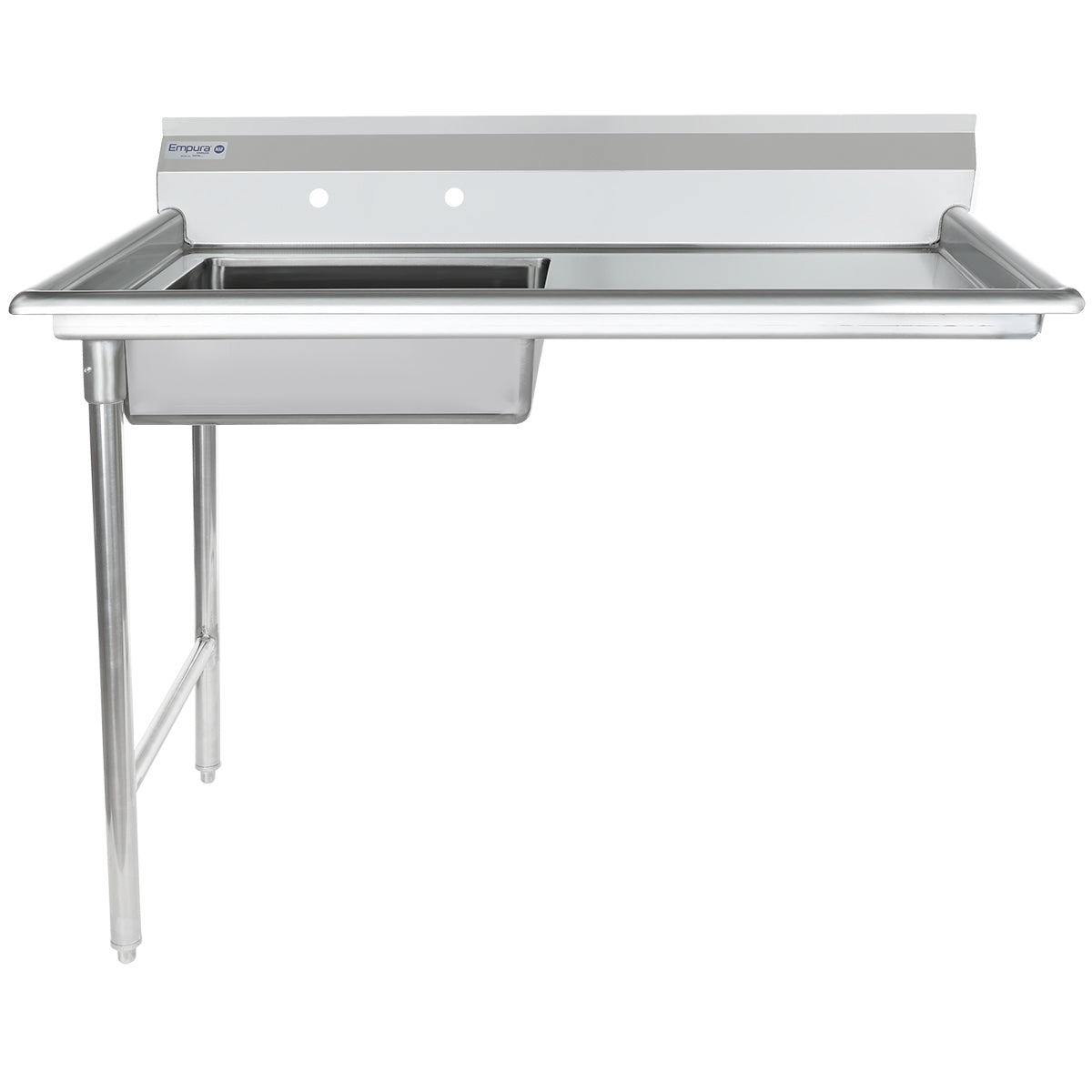 The Empura EUDT48L is a stainless steel commercial sink with a deep rectangular basin on the left and right-side drainboard, ideal as a soiled dishtable. Two faucet holes on the backsplash and sturdy metal legs complete its clean, industrial design.