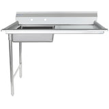 The Empura EUDT48L is a stainless steel commercial sink with a deep rectangular basin on the left and right-side drainboard, ideal as a soiled dishtable. Two faucet holes on the backsplash and sturdy metal legs complete its clean, industrial design.