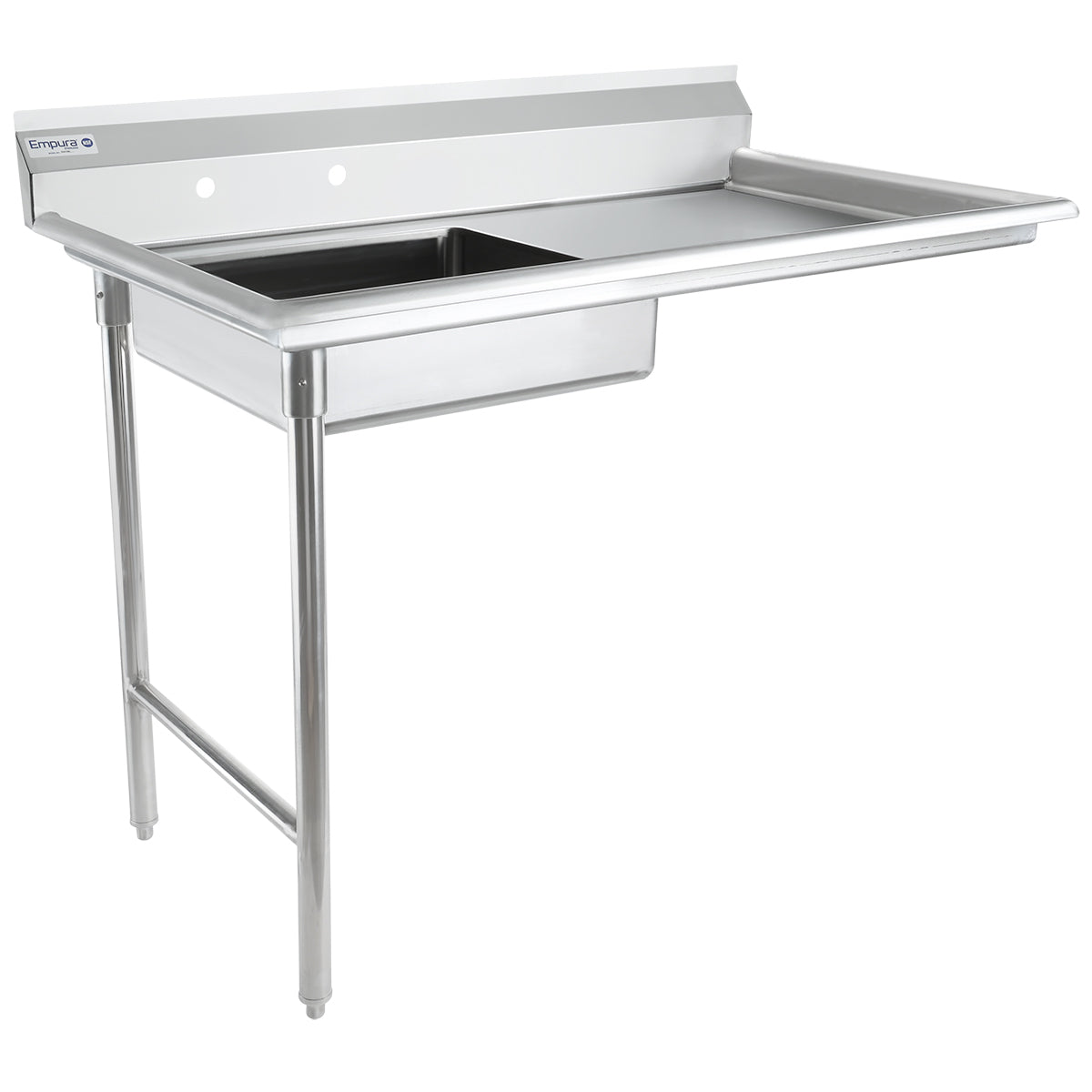 The Empura EUDT48L is a stainless steel soiled dishtable with one deep rectangular basin on the left and an attached flat draining board on the right. It features a tall backsplash, two faucet holes, and sturdy cylindrical legs with foot caps.