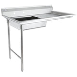 The Empura EUDT48L is a stainless steel soiled dishtable with one deep rectangular basin on the left and an attached flat draining board on the right. It features a tall backsplash, two faucet holes, and sturdy cylindrical legs with foot caps.