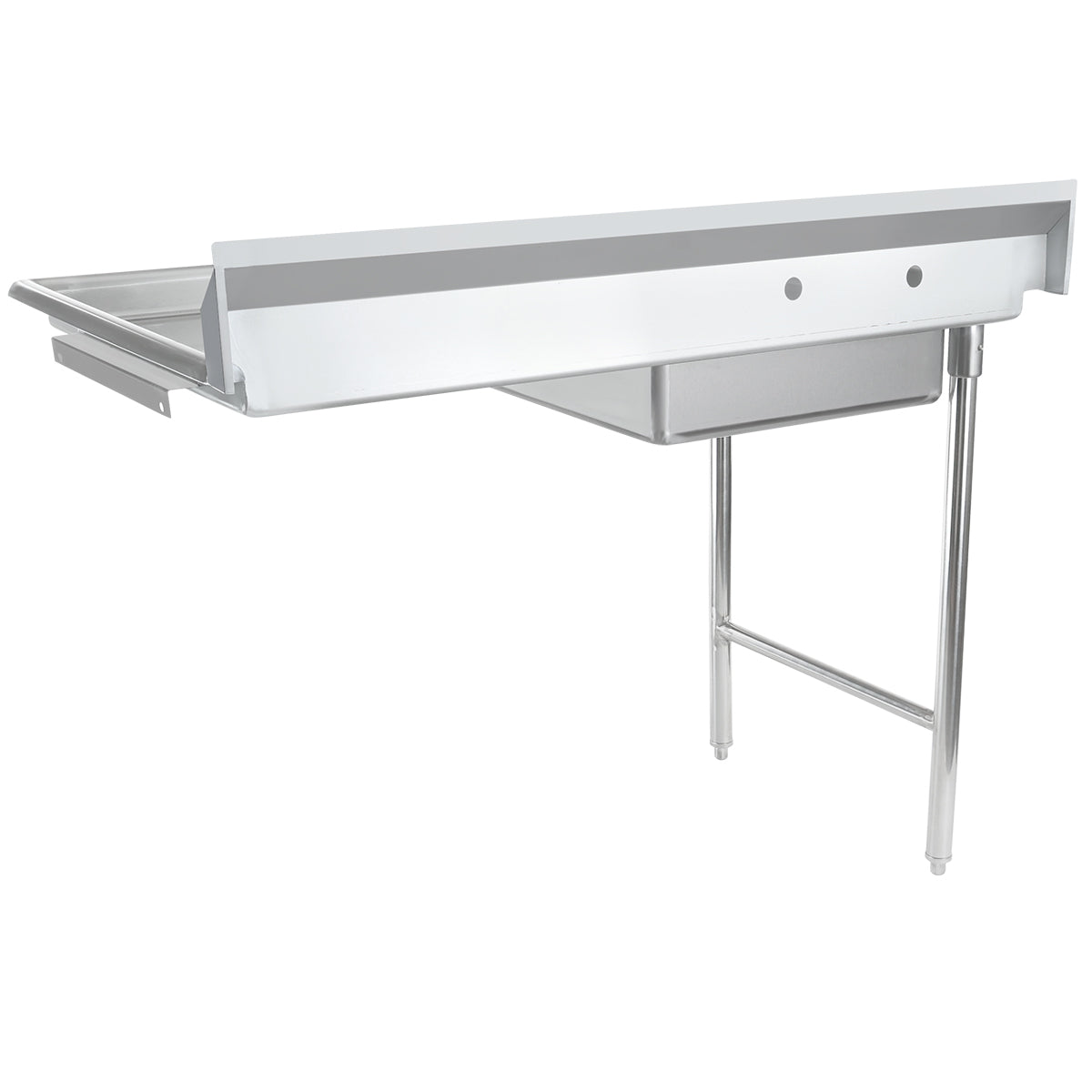 The Empura EUDT48L is a stainless steel commercial soiled dishtable with a deep basin, raised backsplash, left drainboard, and sturdy metal legs. Its utilitarian design is ideal for industrial or kitchen use and can pair with an undercounter stainless steel table.