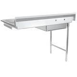 The Empura EUDT48L is a stainless steel commercial soiled dishtable with a deep basin, raised backsplash, left drainboard, and sturdy metal legs. Its utilitarian design is ideal for industrial or kitchen use and can pair with an undercounter stainless steel table.