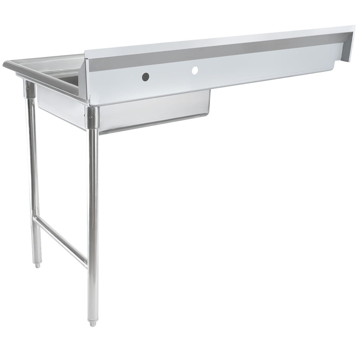 A commercial soiled dishtable with a deep stainless steel basin, a long drainboard on the right, and two sturdy metal legs on the left. The elevated right drainboard features two circular faucet holes. Plain white background highlights its stainless steel worktop.