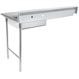 A commercial soiled dishtable with a deep stainless steel basin, a long drainboard on the right, and two sturdy metal legs on the left. The elevated right drainboard features two circular faucet holes. Plain white background highlights its stainless steel worktop.
