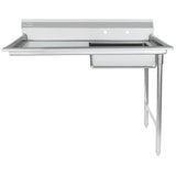 A stainless steel commercial sink with a rectangular basin on the right, a flat draining surface (ideal as a soiled dishtable) on the left, and two supporting legs. The raised back edge features pre-drilled holes for faucet installation.