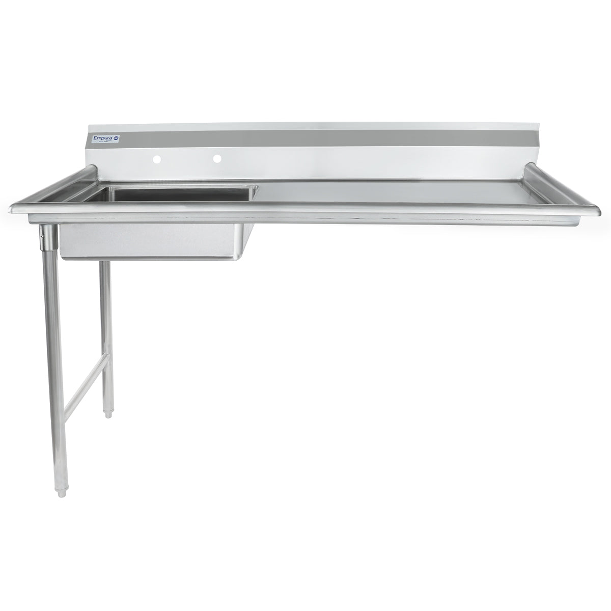 A stainless steel commercial sink with a single deep basin on the left, an extended stainless steel worktop on the right, two legs for support, and a backsplash with faucet holes. The surface has a clean, industrial design ideal for any kitchen or soiled dishtable area.