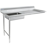 A commercial stainless steel sink with a left-side rectangular basin and an extended right-side drainboard, featuring a stainless steel worktop. It has two front support legs, a high backsplash with two pre-drilled holes—ideal for professional kitchens.