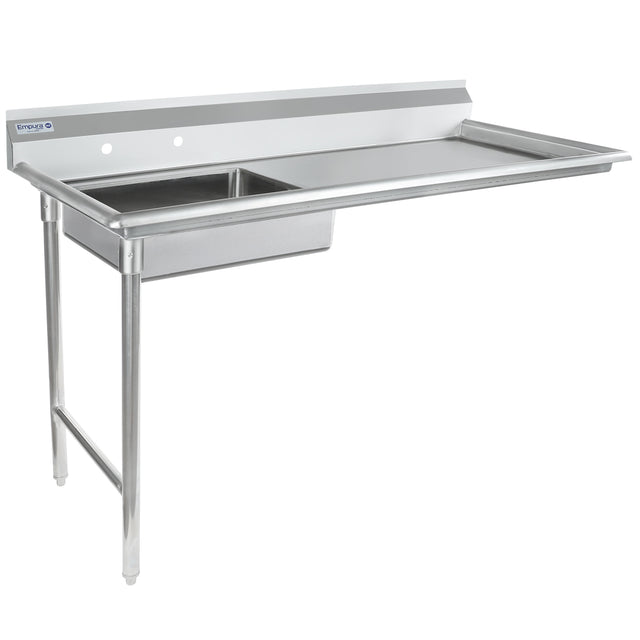 A commercial stainless steel sink with a left-side rectangular basin and an extended right-side drainboard, featuring a stainless steel worktop. It has two front support legs, a high backsplash with two pre-drilled holes—ideal for professional kitchens.