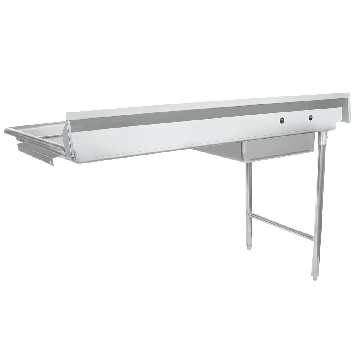 A long stainless steel worktop commercial kitchen table with a shallow backsplash, an under-mounted sink, and sturdy legs for support. This soiled dishtable is spotless and ideal for food prep or dishwashing in a professional setting.