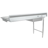 A long stainless steel worktop commercial kitchen table with a shallow backsplash, an under-mounted sink, and sturdy legs for support. This soiled dishtable is spotless and ideal for food prep or dishwashing in a professional setting.