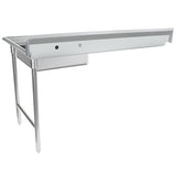 A stainless steel commercial sink with a tall backsplash and stainless steel worktop, supported by three cylindrical legs. The rectangular, deep basin sits beneath the backsplash, with a pre-drilled faucet hole. The minimal design suits any industrial space.