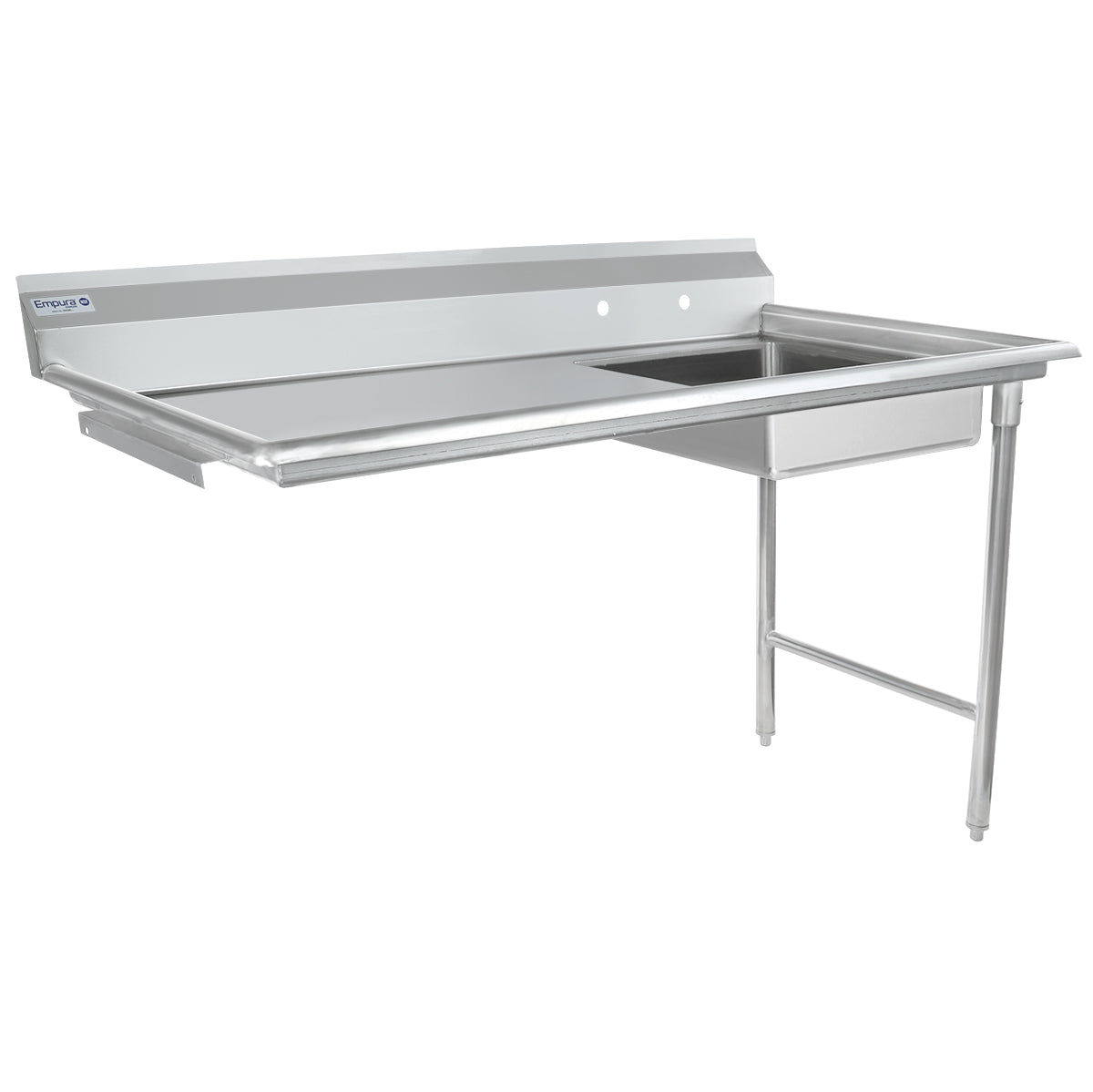 A commercial soiled dishtable with a single sink basin on the right, a flat stainless steel worktop on the left, and a raised backsplash at the back. Supported by sturdy metal legs, it offers a clean, industrial appearance suitable for undercounter setups.