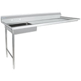 A stainless steel commercial sink with a long drainboard on the right and a sleek stainless steel worktop. The rectangular sink features a backsplash, sturdy metal legs on the left, and an undercounter solid panel on the right. The surface is clean and reflective.